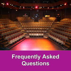 inside of a theatre from the stage with seats and lights and the words Frequently asked questions