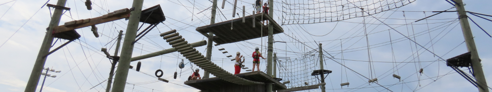 An outdoor adventure park with multiple elevated platforms connected by various rope and wooden bridges. Several people are visible on the platforms, engaging in activities such as climbing and balancing on the structures. The sky is clear, indicating good weather conditions for outdoor activities.