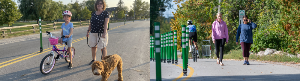 People walking, cycling and using a multi-use trail along a tree-lined roadway.